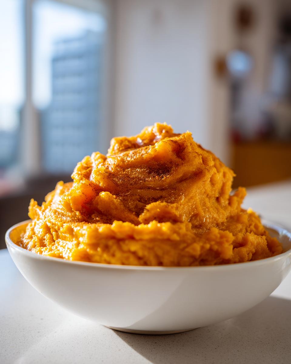 A large serving of perfectly smooth, bright orange mashed sweet potatoes topped with cinnamon in a white bowl.