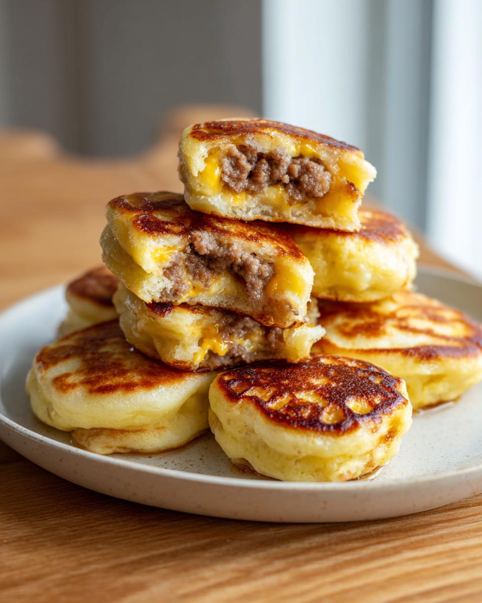 A stack of golden-brown mcgriddle bites, some cut open to show sausage and melted cheese filling.