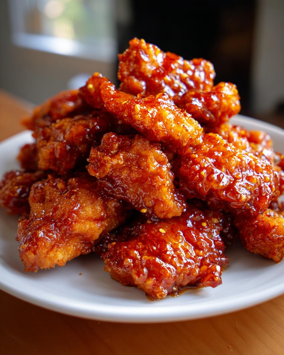 A close-up of crispy, glazed chicken pieces coated in a thick, shiny sauce from the amazing orange chicken recipe.
