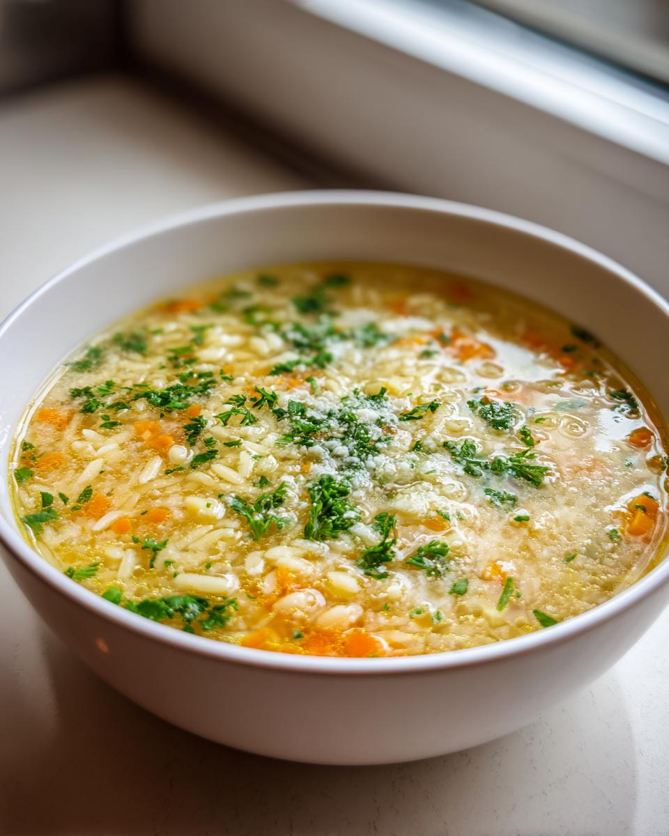 Close-up of a white bowl filled with amazing pastina soup, featuring small pasta, carrots, and topped with fresh parsley and grated cheese.
