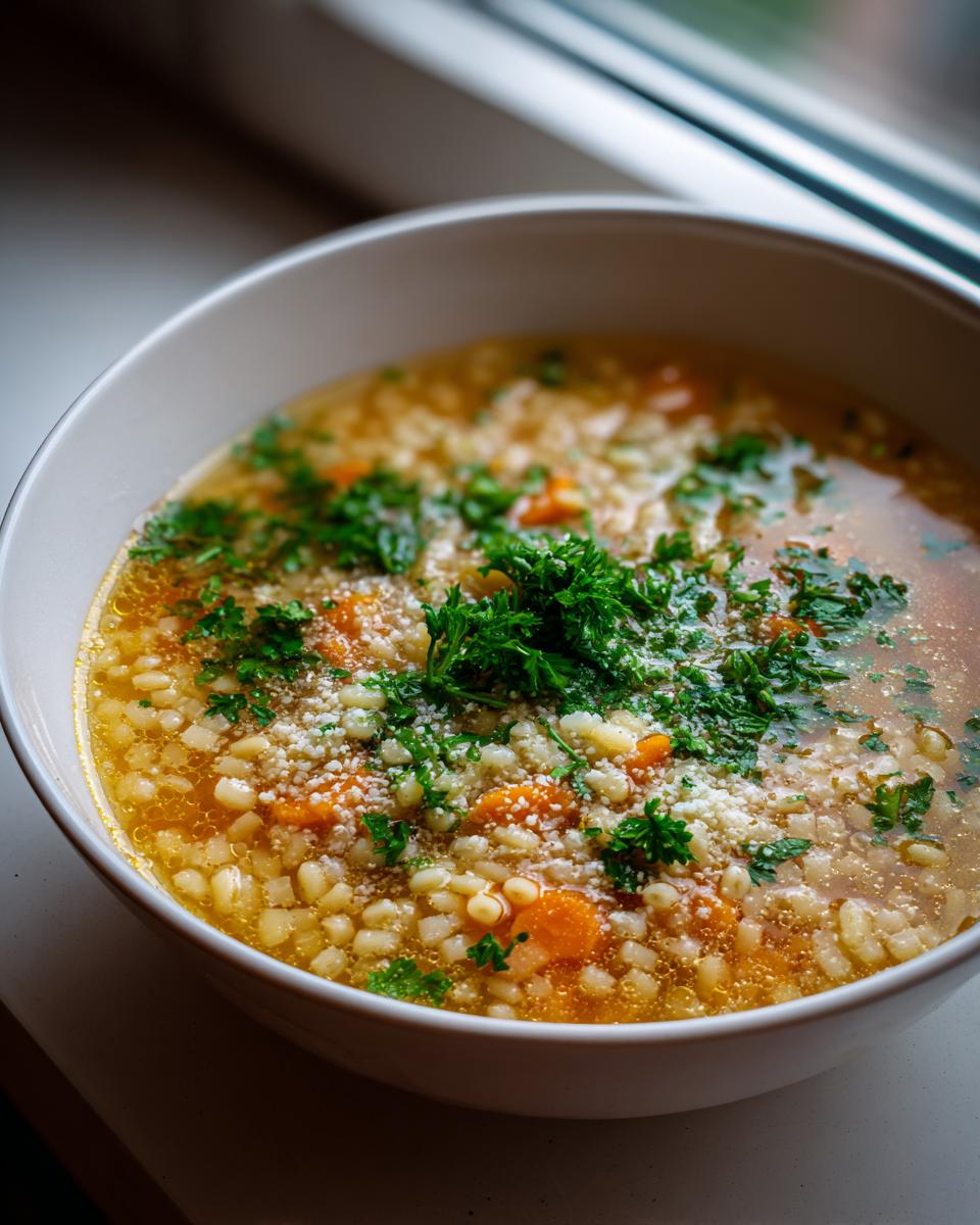 Close-up of a white bowl filled with amazing pastina soup, topped with grated cheese and fresh parsley.