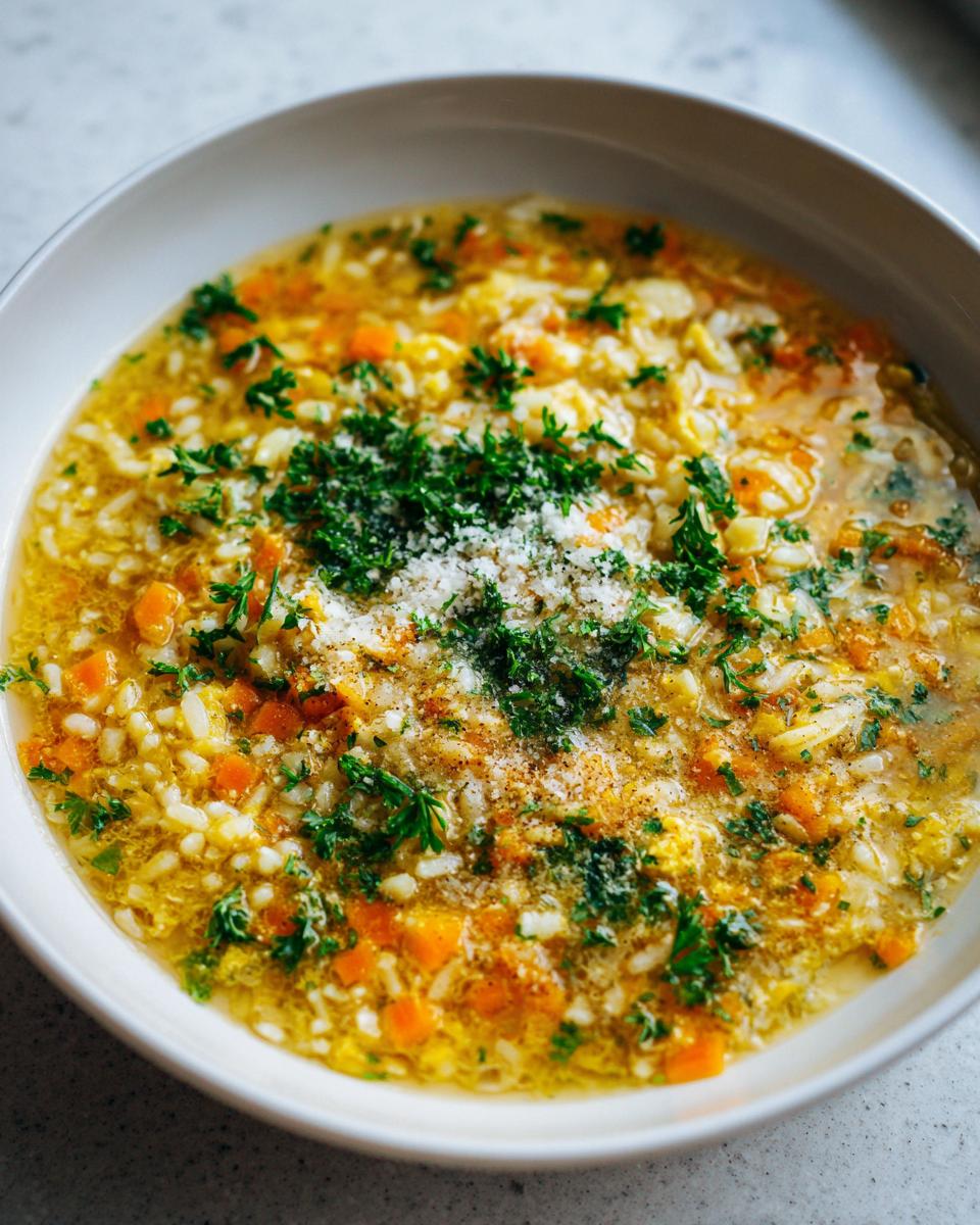 A close-up view of a bowl of amazing pastina soup, featuring small pasta, carrots, and topped with fresh parsley and grated cheese.