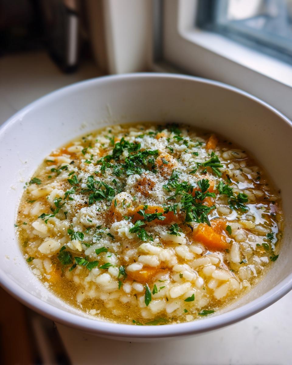 Close-up of a white bowl filled with amazing pastina soup, topped with grated parmesan cheese and fresh parsley.