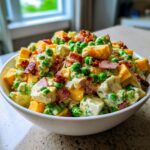 A hearty bowl of creamy pea salad mixed with chunks of cheddar cheese, bacon bits, and hard-boiled eggs.