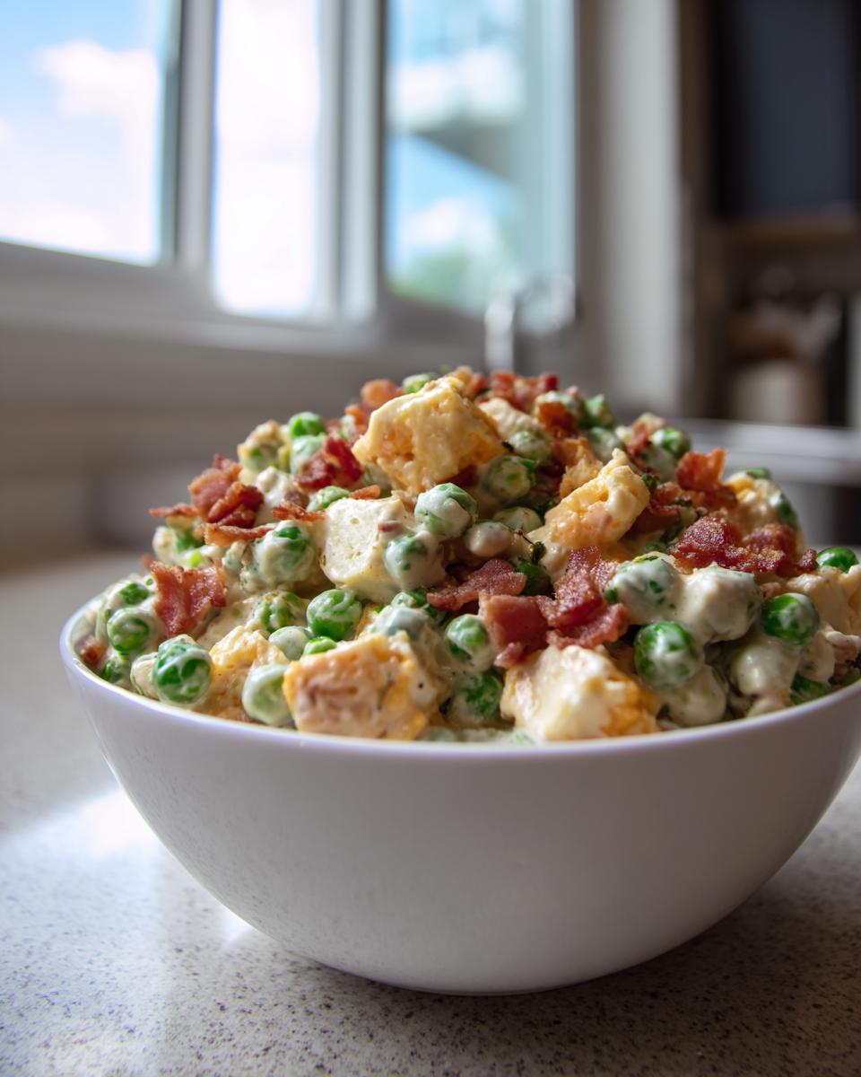 Close-up of a creamy pea salad topped generously with crumbled bacon and chunks of cheese.