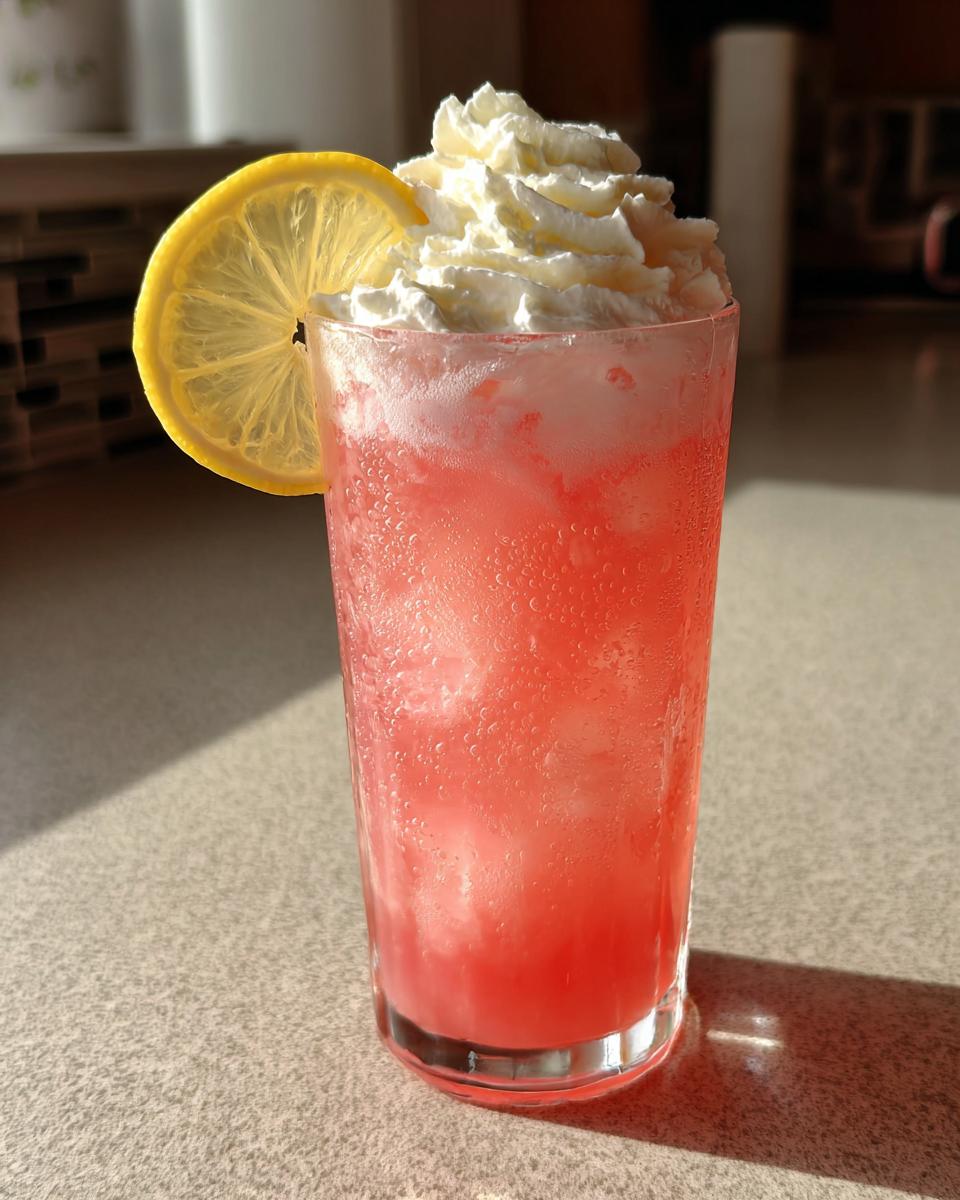 Tall glass of bright pink lemonade with ice, topped with whipped cream and a lemon slice garnish.