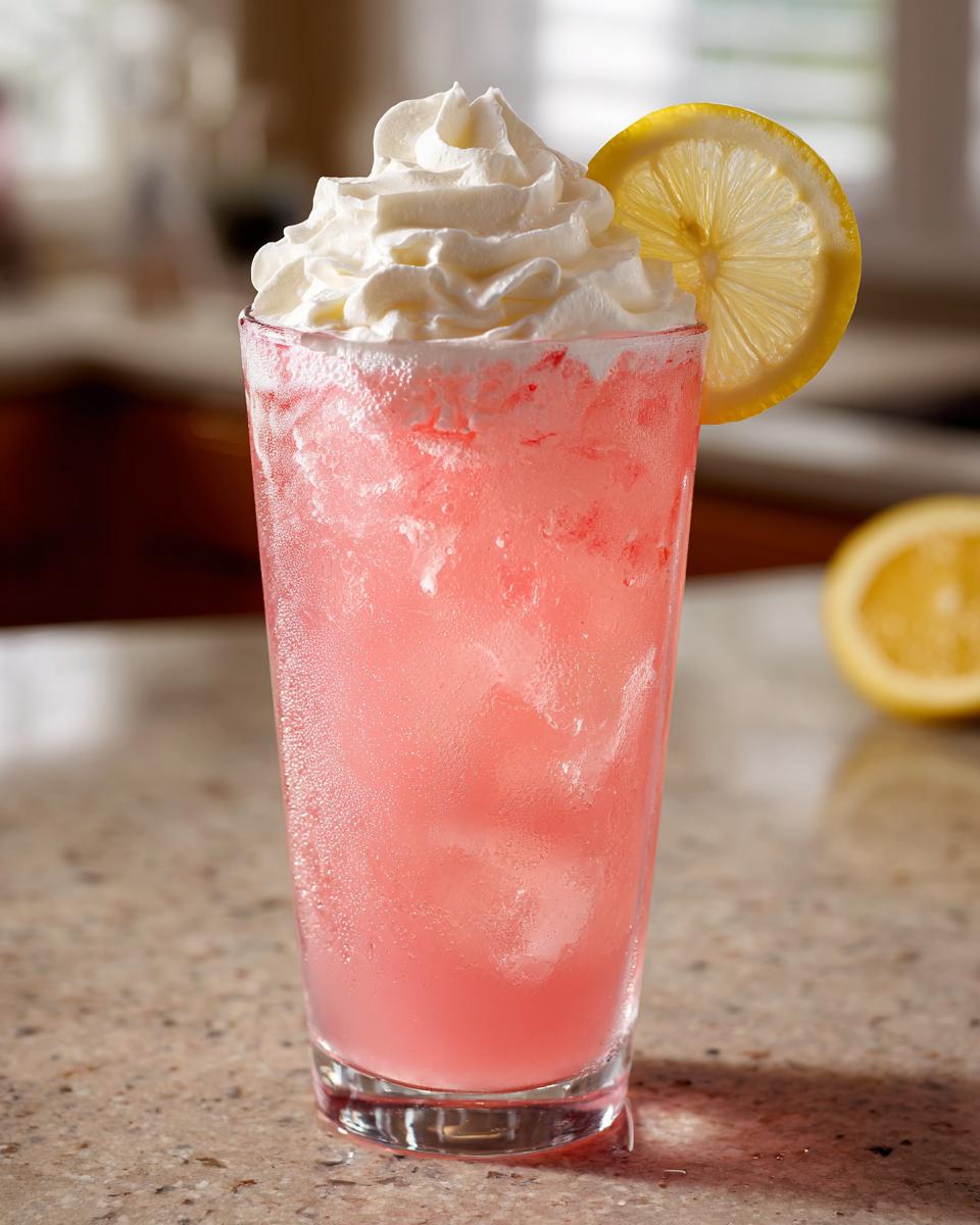 Tall glass filled with icy pink lemonade, topped with whipped cream and a lemon slice.