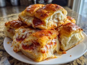 A stack of golden brown pizza sliders overflowing with melted mozzarella cheese and pepperoni slices.