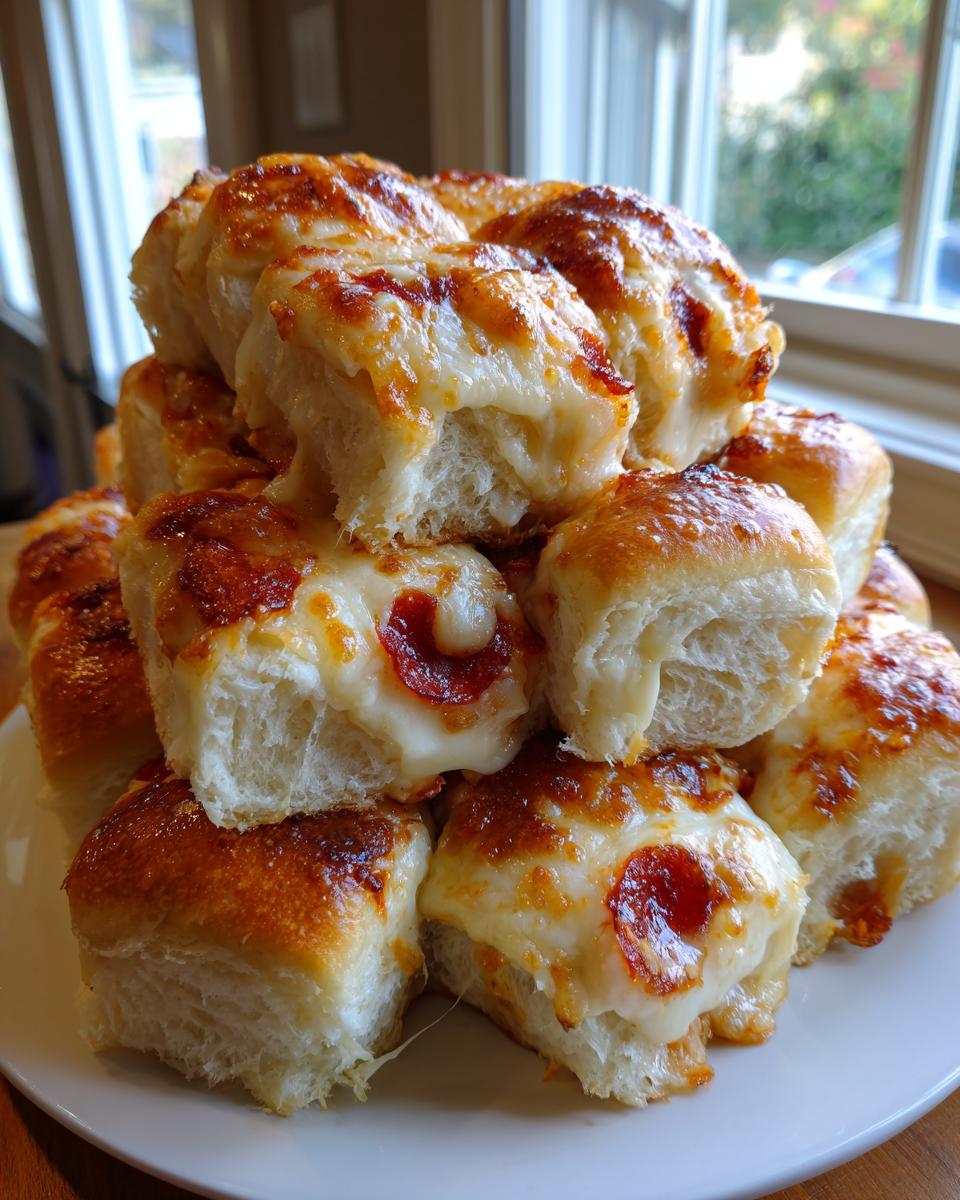 A towering stack of freshly baked pizza sliders with melted cheese and pepperoni visible on top.