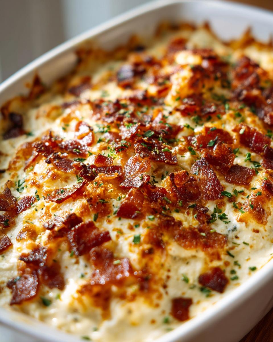 Close-up of a hot, creamy popper dip baked in a white dish, topped generously with crispy bacon bits and parsley.