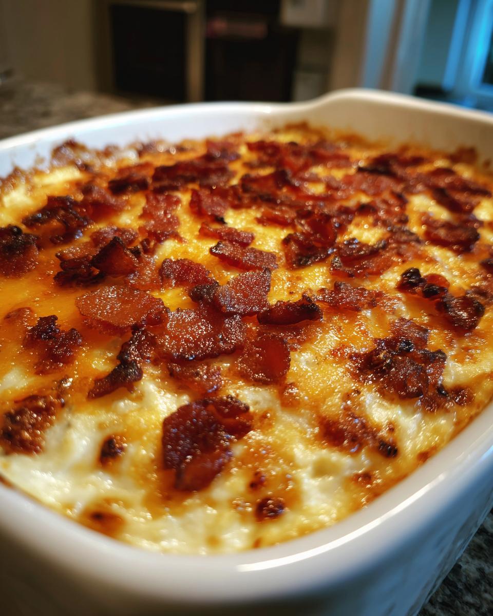 Close-up of a creamy, baked popper dip topped with melted cheese and crispy bacon pieces.