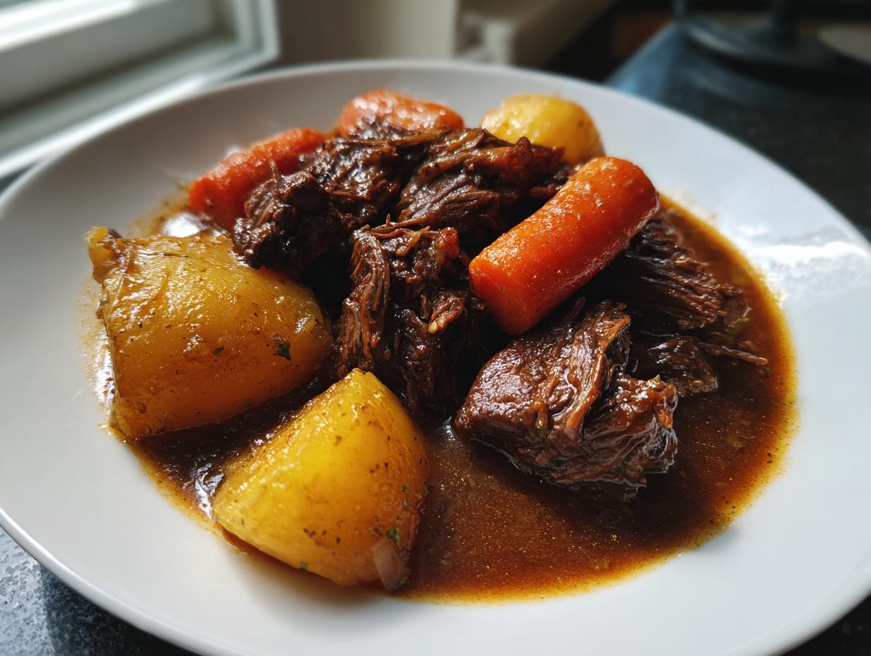A white bowl filled with tender, shredded pot roast, large chunks of soft potatoes, and bright orange carrots in rich brown gravy.