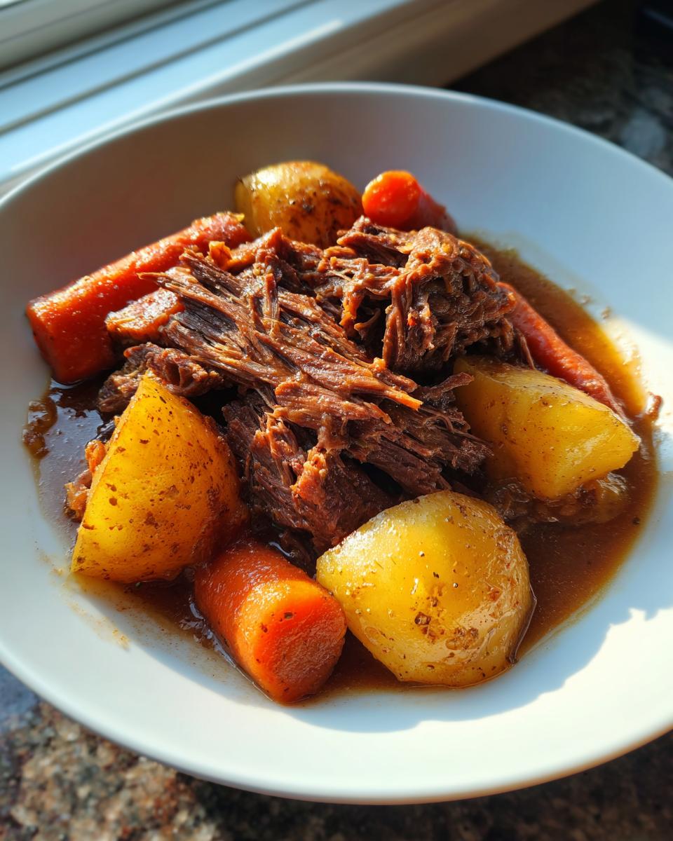 A bowl of tender, shredded pot roast surrounded by chunks of cooked carrots and potatoes in rich brown gravy.
