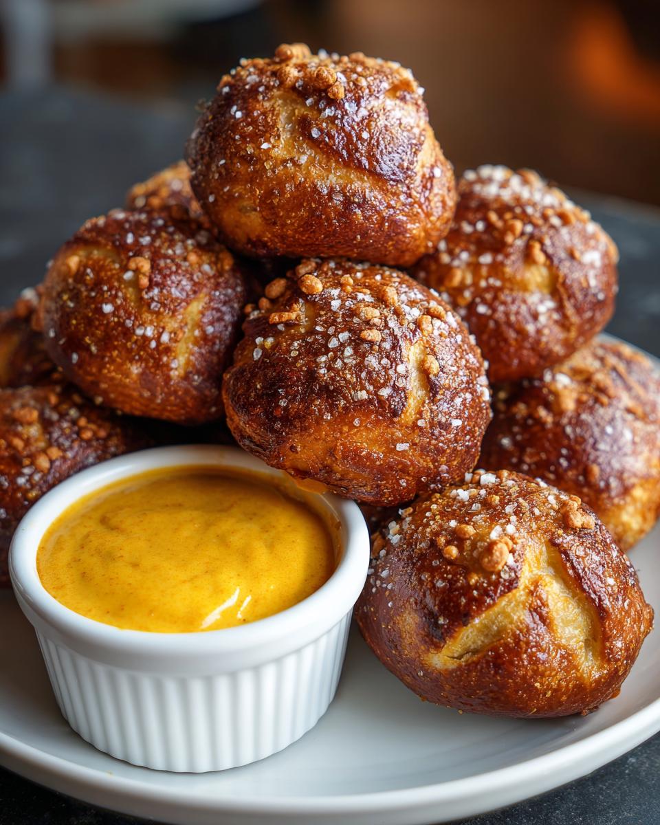 A stack of freshly baked pretzel bites sprinkled with coarse salt, served next to a small white ramekin of bright yellow cheese sauce.