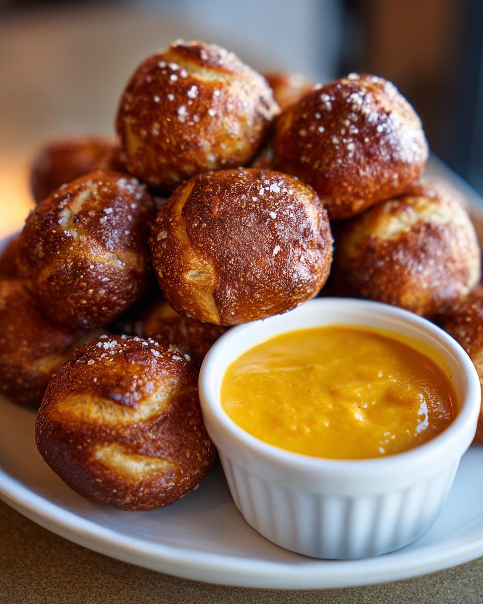 A pile of freshly baked, salted pretzel bites served with a small white ramekin of bright orange cheese sauce.