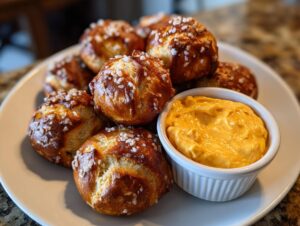 A plate of warm, golden brown pretzel bites topped with coarse salt next to a ramekin of bright orange cheese sauce.