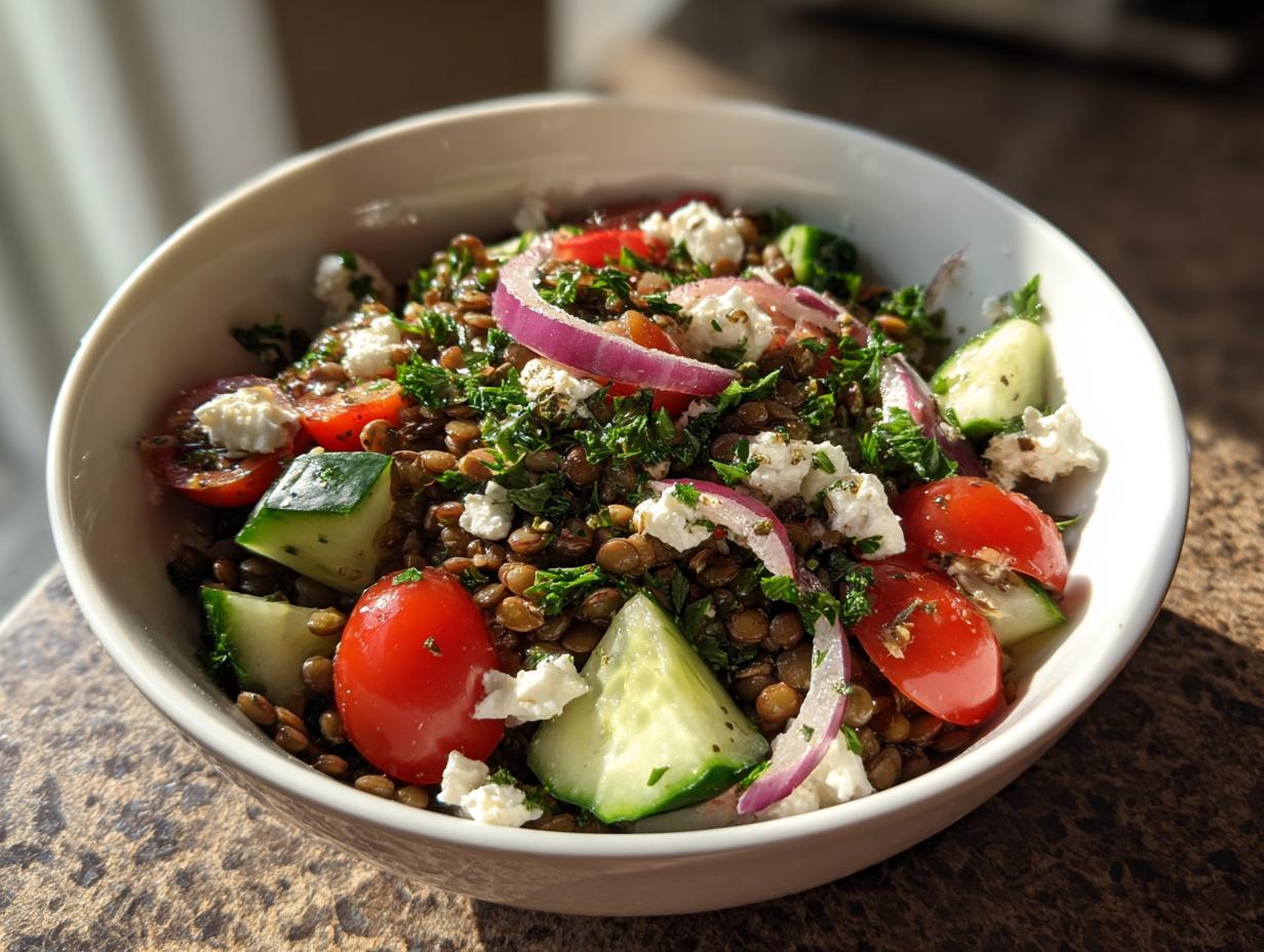 A close-up of a vibrant lentil salad featuring brown lentils, cherry tomatoes, cucumber chunks, red onion, and feta cheese.