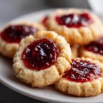A close-up of several buttery raspberry thumbprint cookies piled on a white plate, featuring bright red jam centers.