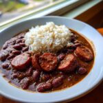 A close-up of a bowl of rich red beans and rice topped with thick slices of andouille sausage.