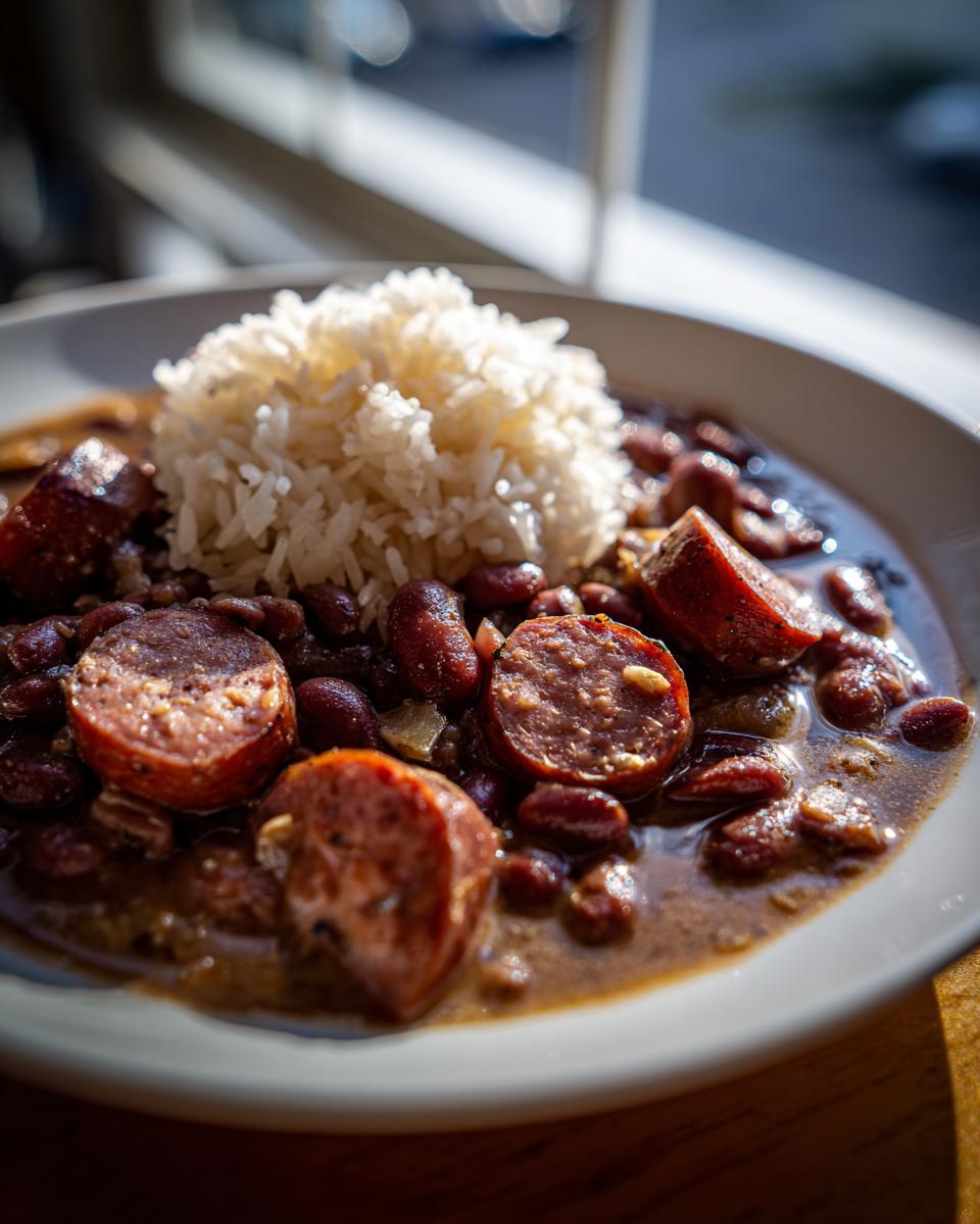 Close-up of a bowl of amazing red beans and rice topped with thick slices of smoked sausage.