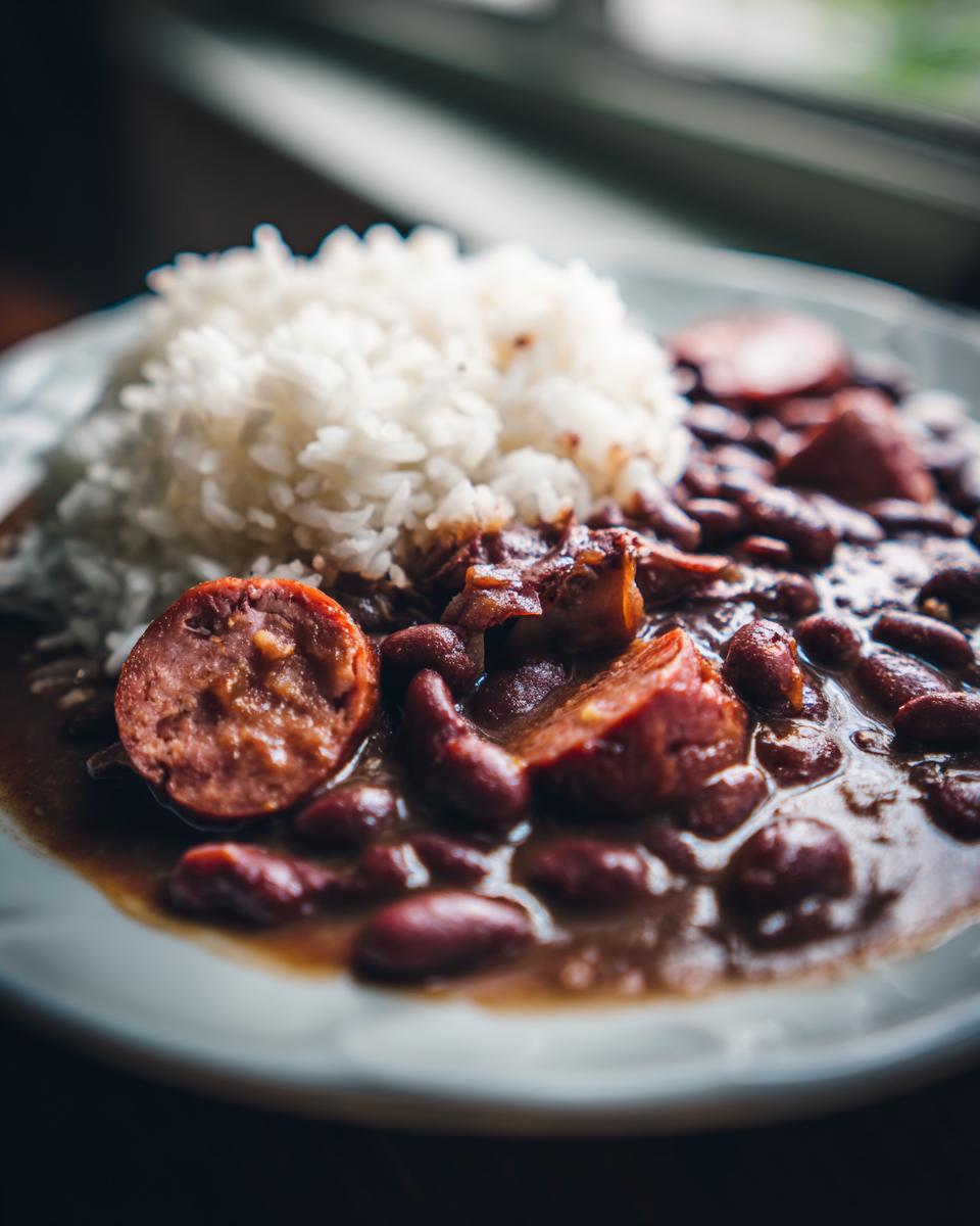 A close-up of a plate of rich red beans and rice topped with slices of smoked sausage.