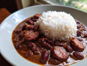 A close-up of amazing red beans and rice, featuring a mound of white rice next to rich, dark red beans and sliced andouille sausage.