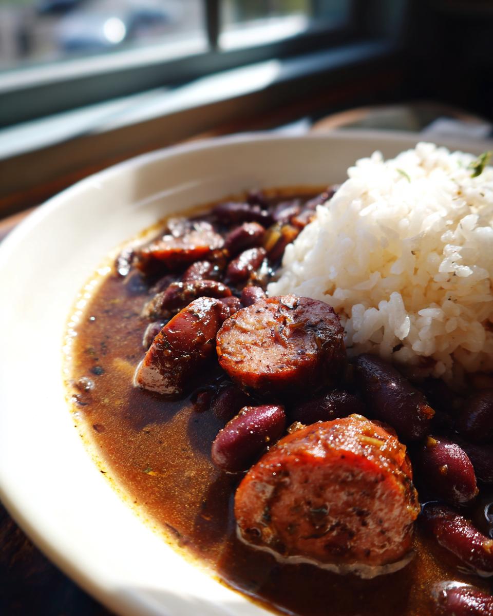 Close-up of a hearty serving of amazing red beans and rice, featuring sliced sausage in a rich sauce next to fluffy white rice.