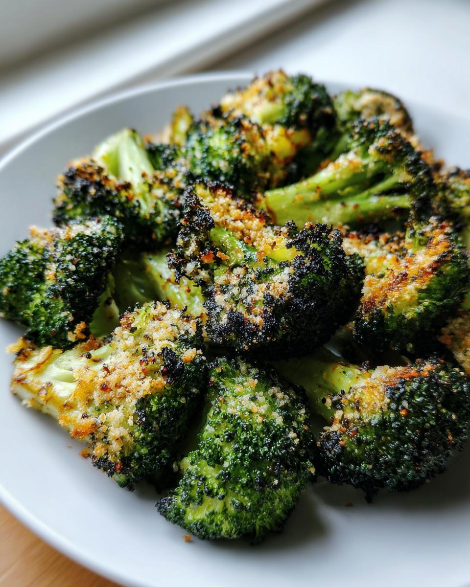 Close-up of perfectly roasted broccoli florets topped with crispy breadcrumbs, showing charred edges.