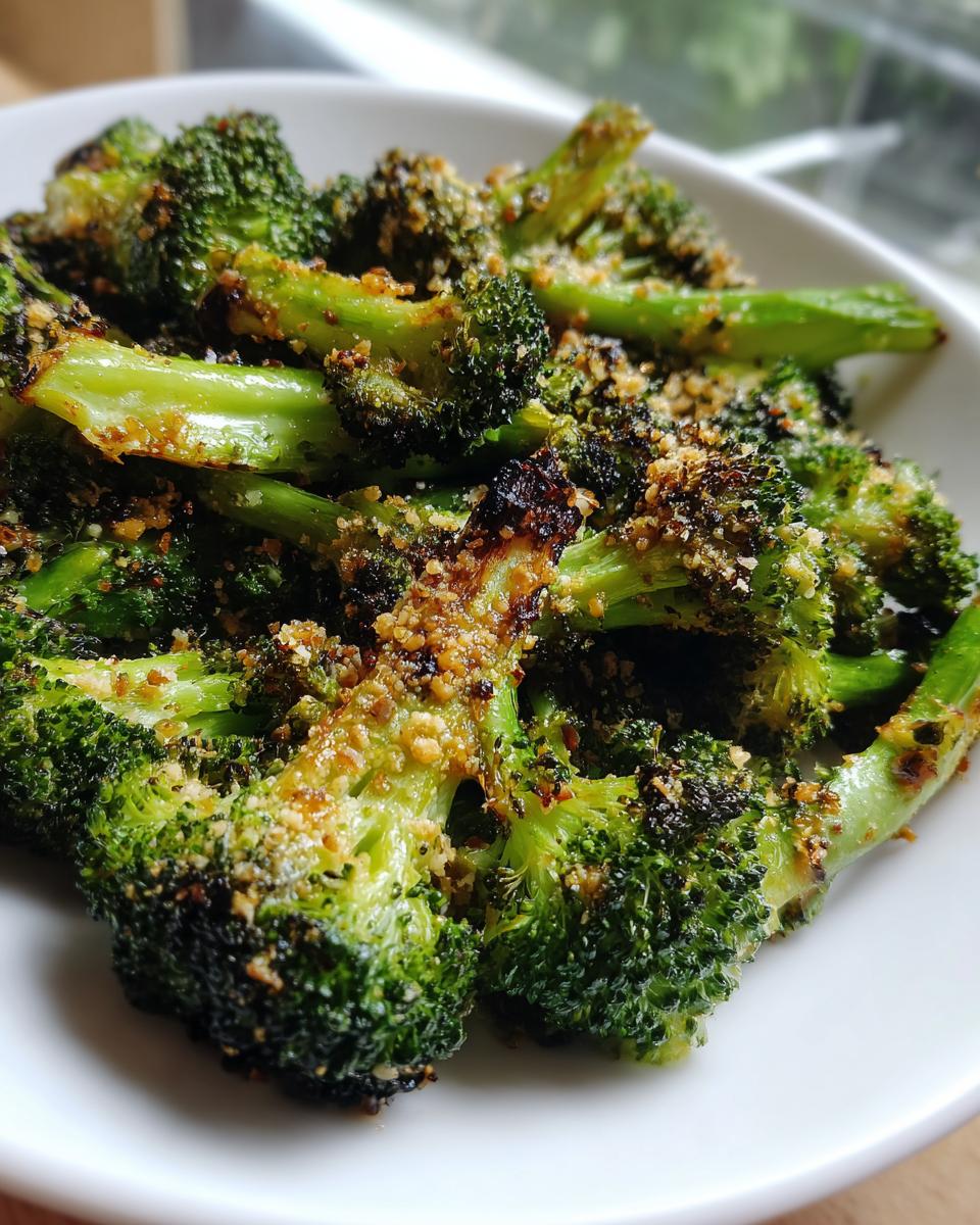 Close-up of vibrant green roasted broccoli florets topped with a savory, browned crumb mixture.