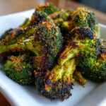 Close-up of perfectly roasted broccoli florets with dark charring and a golden, crispy seasoning.