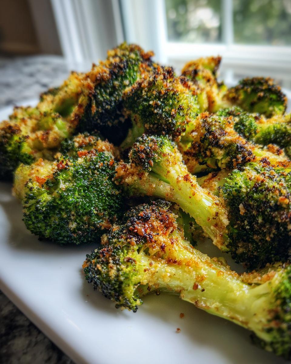 Close-up of perfectly crispy, seasoned roasted broccoli florets piled on a white serving dish.