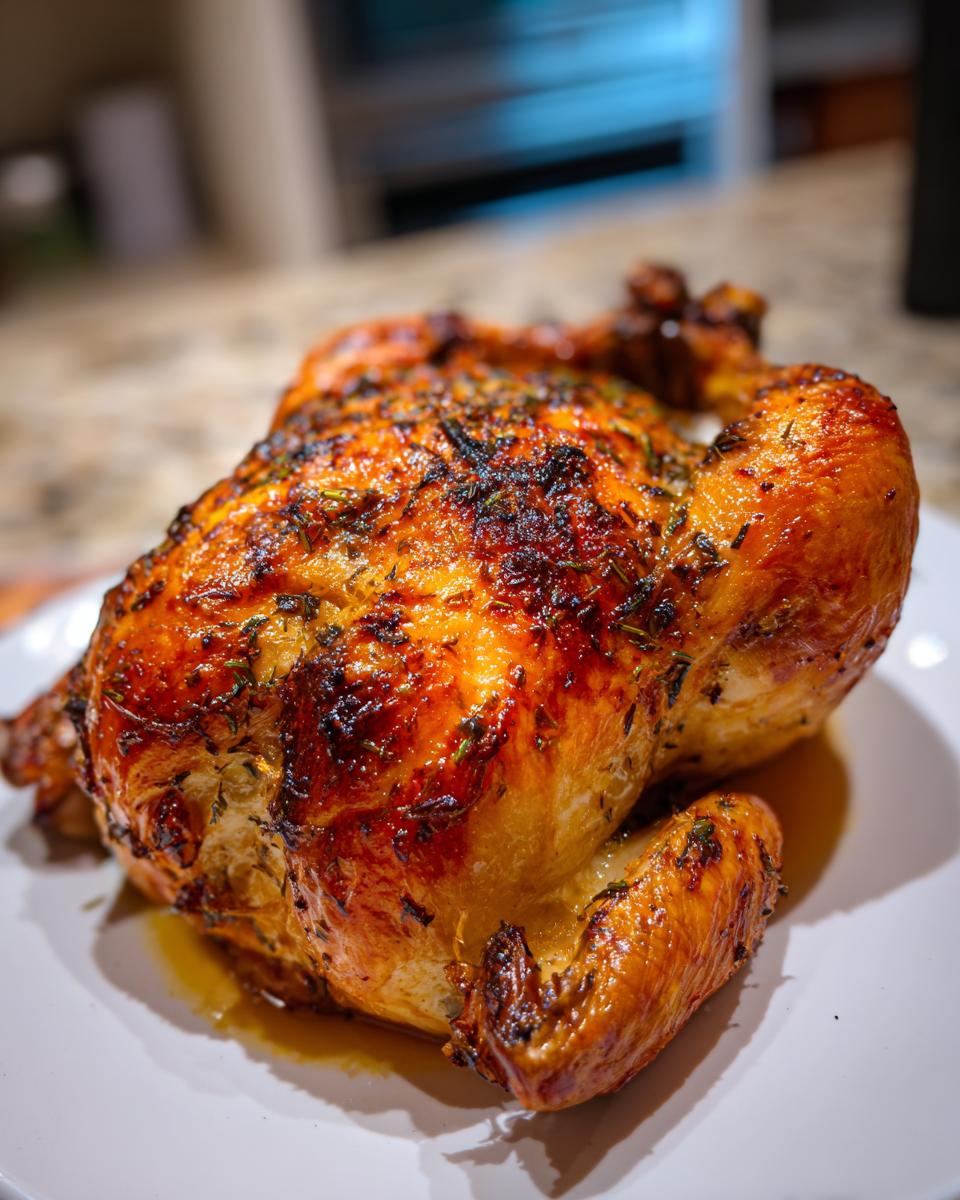 A whole, beautifully browned roasted chicken seasoned with herbs resting on a white plate.