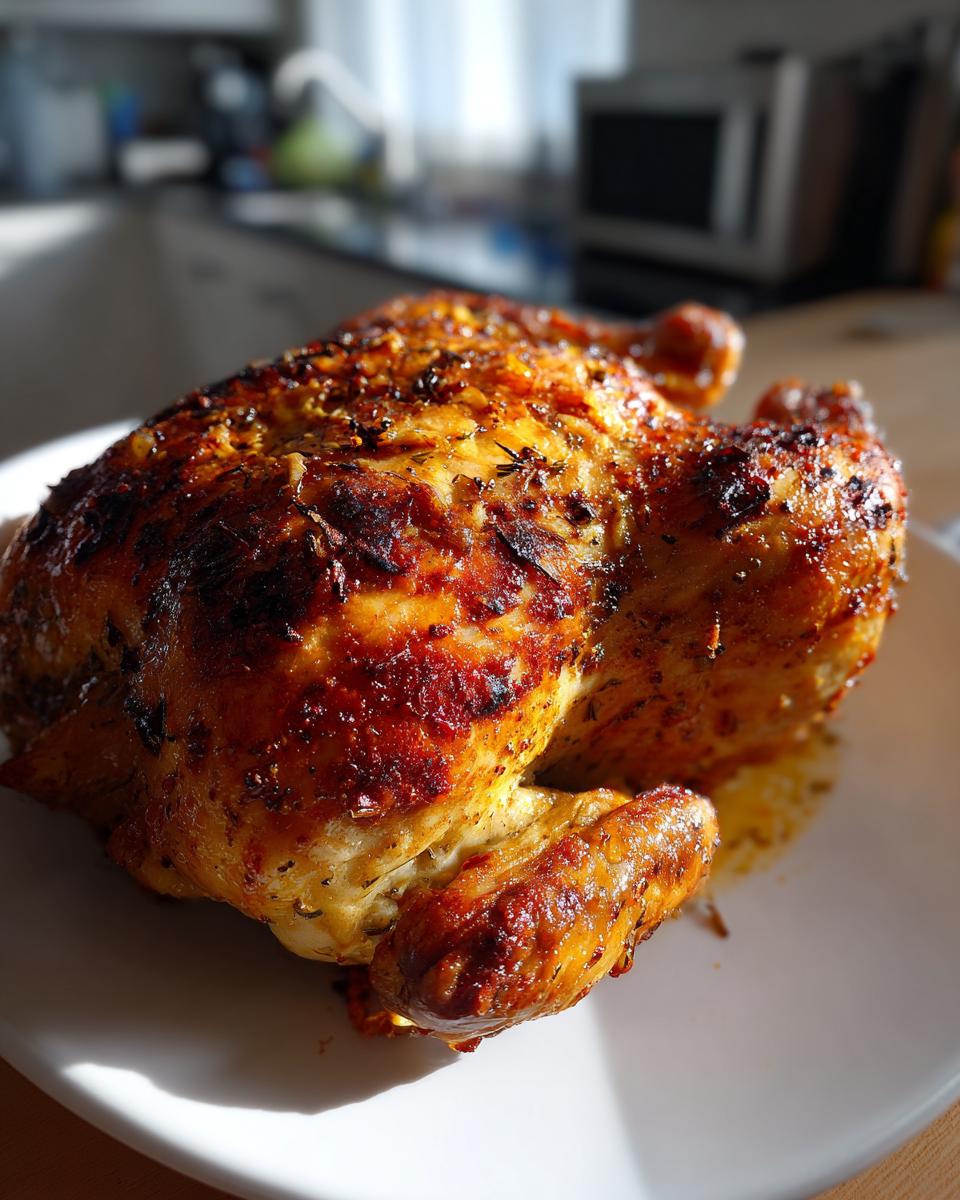 A whole, perfectly roasted chicken with deeply browned, seasoned skin resting on a white plate.