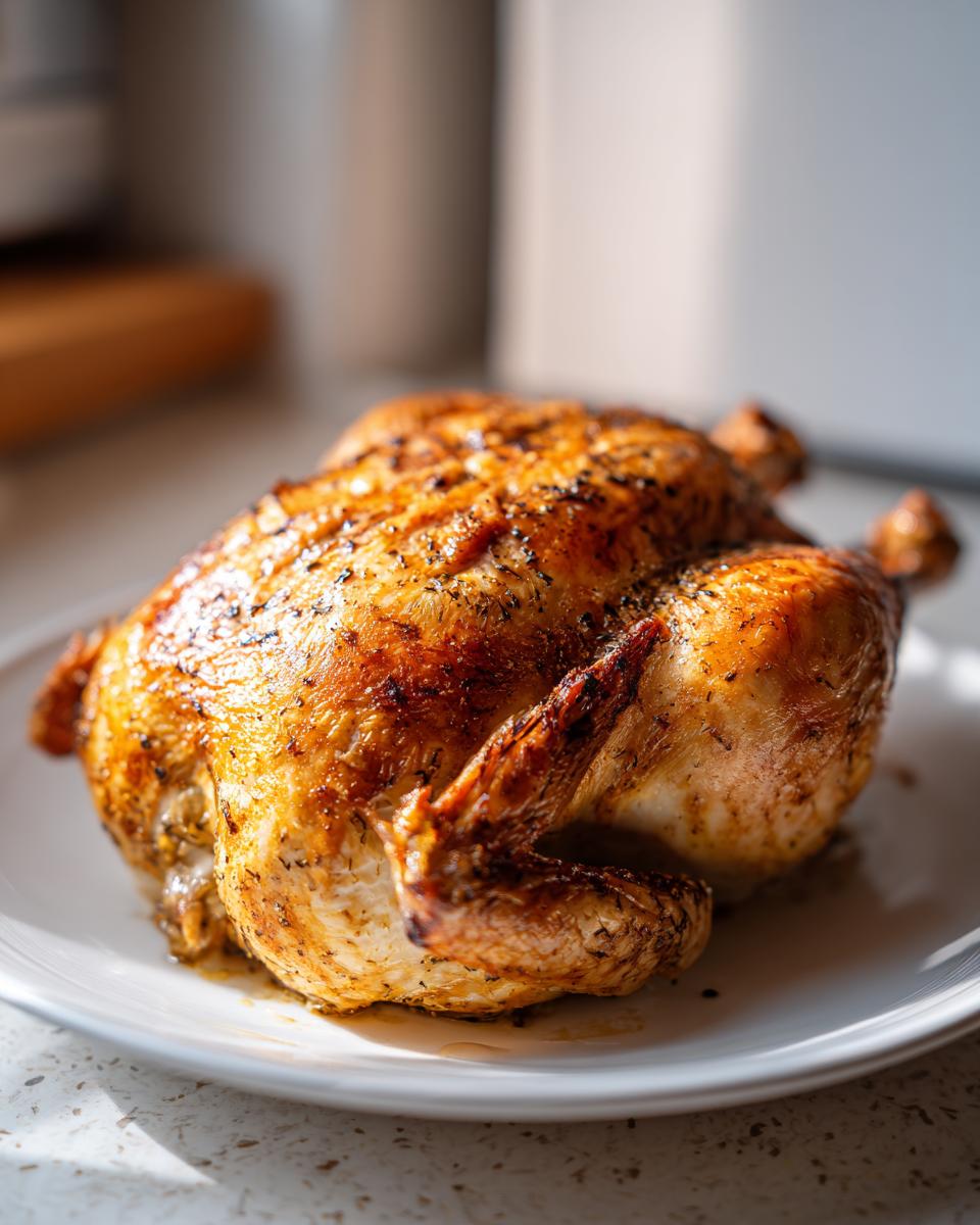 A whole, golden-brown roasted chicken with crispy skin and herbs resting on a white plate.