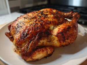 A whole, perfectly seasoned and juicy roasted chicken with crispy, golden-brown skin resting on a white plate.