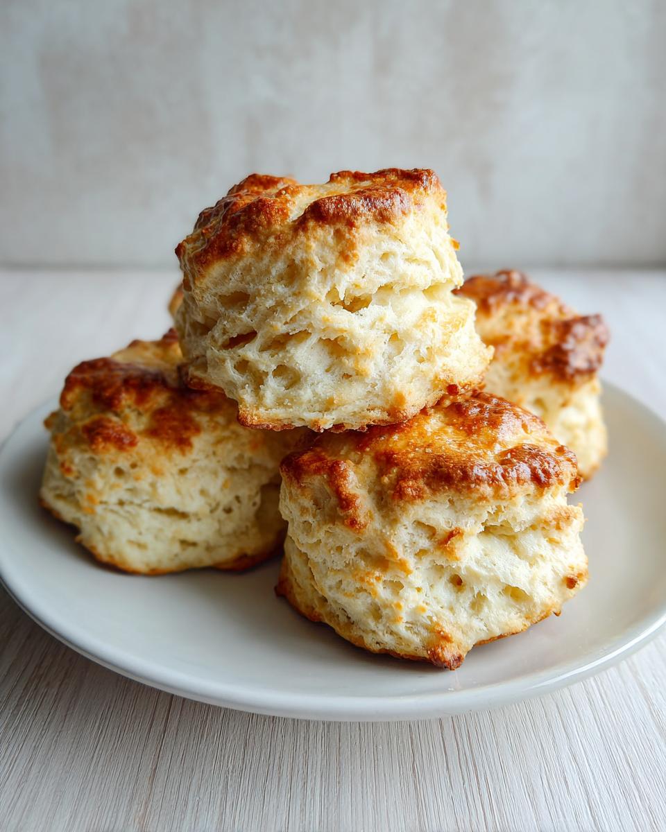 A stack of four golden brown, flaky, and moist scones resting on a small white plate.