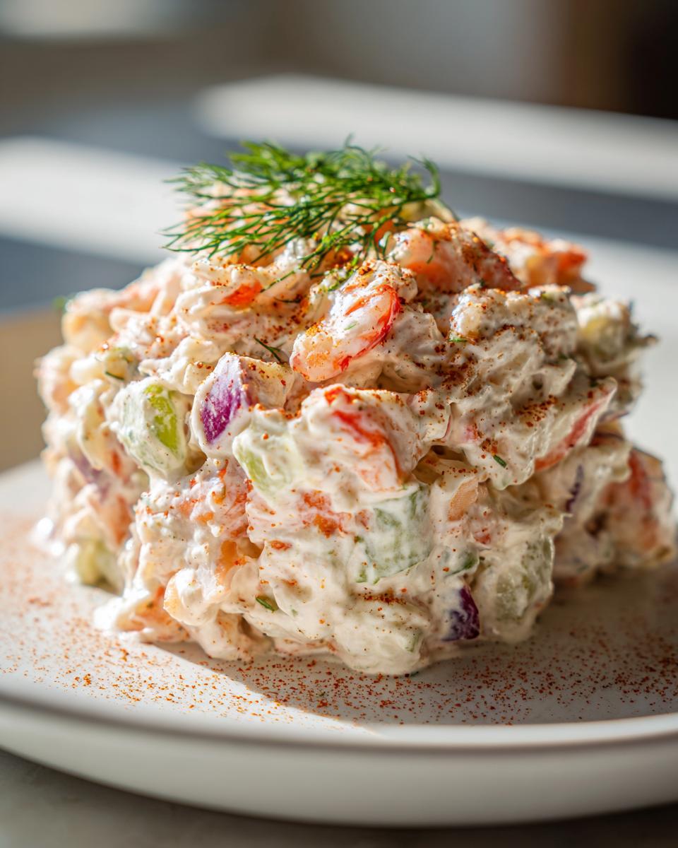 A mound of creamy seafood salad featuring shrimp, celery, and red onion, garnished with fresh dill and paprika.