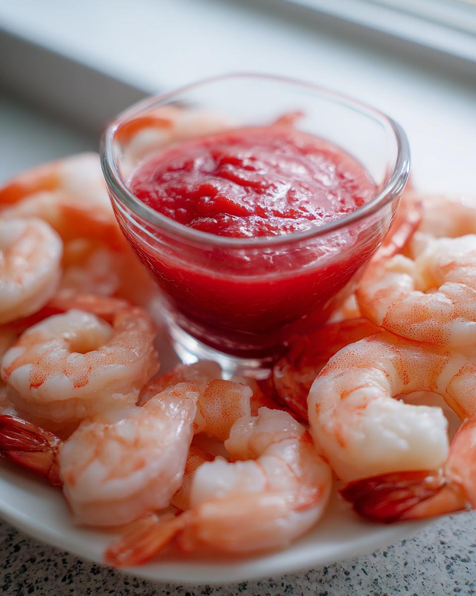 Close-up of peeled, cooked shrimp arranged around a small glass bowl of bright red shrimp cocktail sauce.