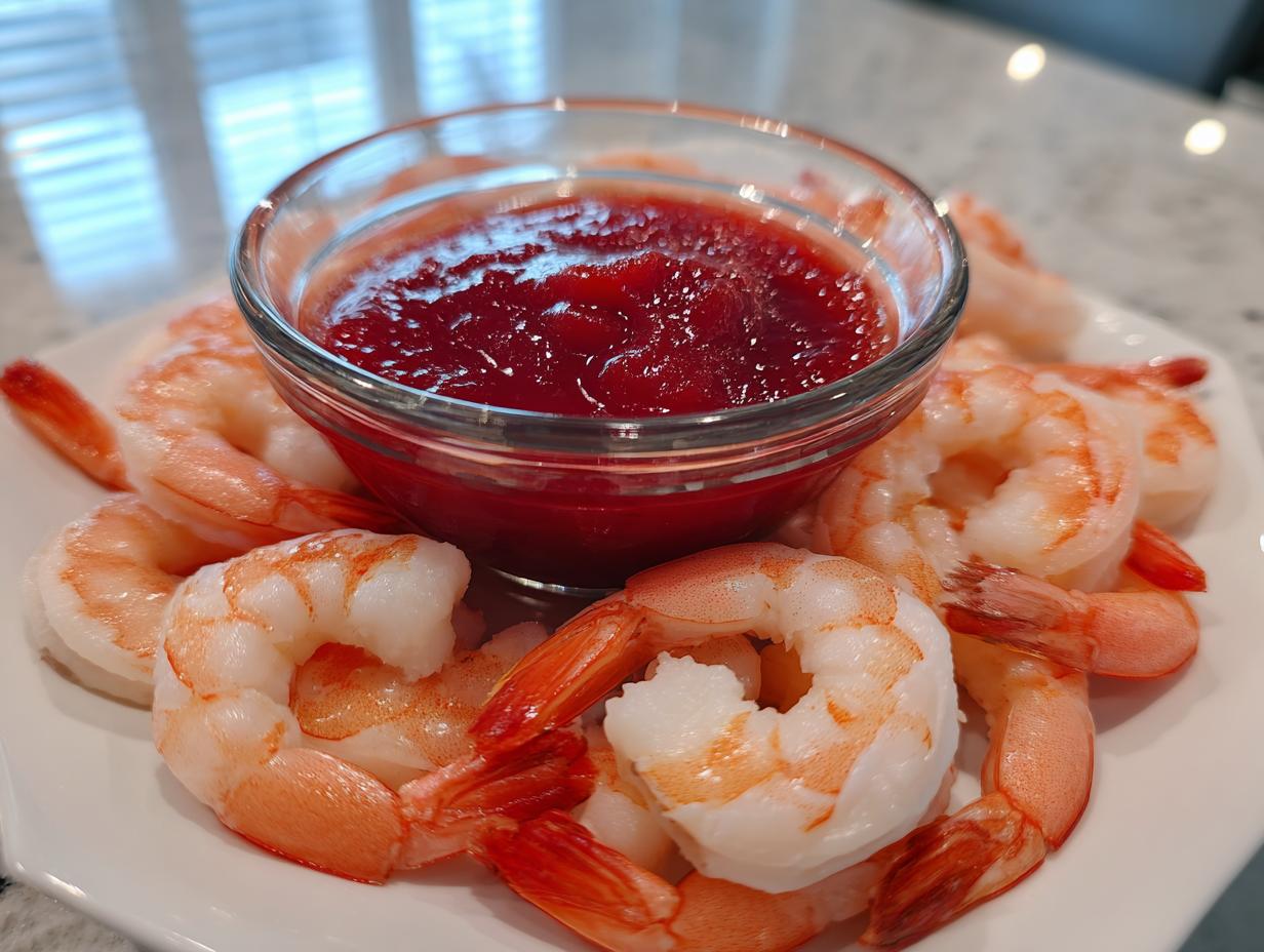 A plate of chilled, cooked shrimp surrounding a small glass bowl of red cocktail sauce for shrimp cocktail.