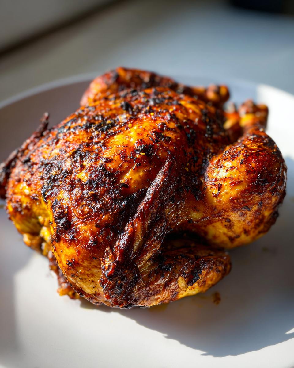 Close-up of a beautifully roasted spatchcock chicken with dark, crispy, seasoned skin resting on a white plate.