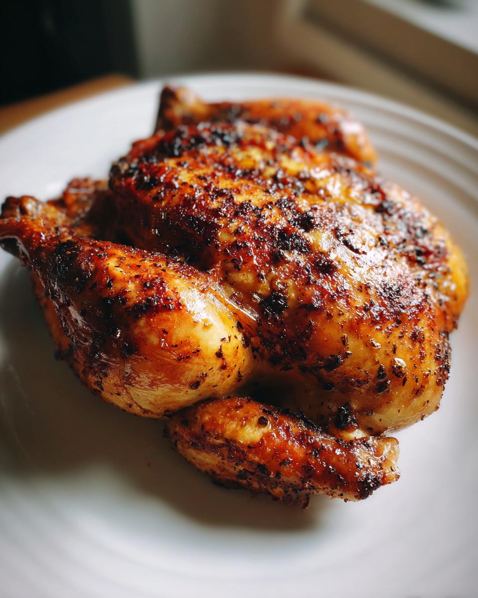 A whole, perfectly cooked spatchcock chicken with deeply browned, seasoned, and crispy skin resting on a white plate.