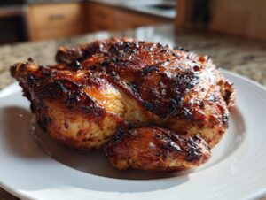 A whole, beautifully roasted spatchcock chicken with crispy, dark brown skin resting on a white plate.