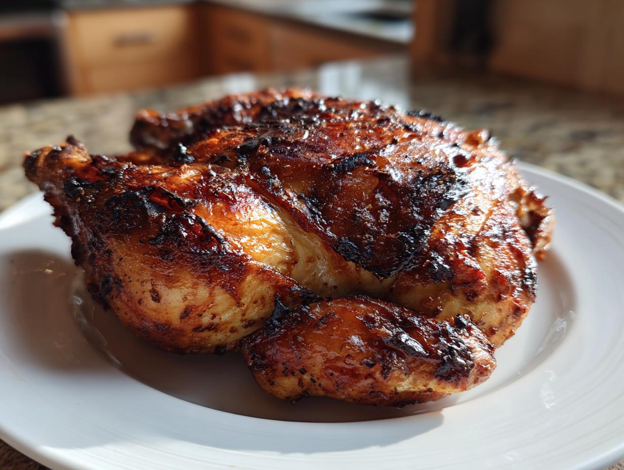 A whole, beautifully roasted spatchcock chicken with crispy, dark brown skin resting on a white plate.
