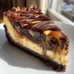 A decadent slice of turtle cheesecake featuring a dark crust, creamy filling, caramel swirls, chocolate drizzle, and pecans.