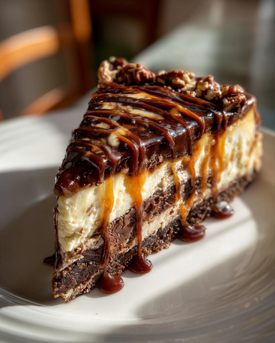 A decadent slice of turtle cheesecake layered with chocolate and cream cheese, drizzled with caramel and topped with pecans.