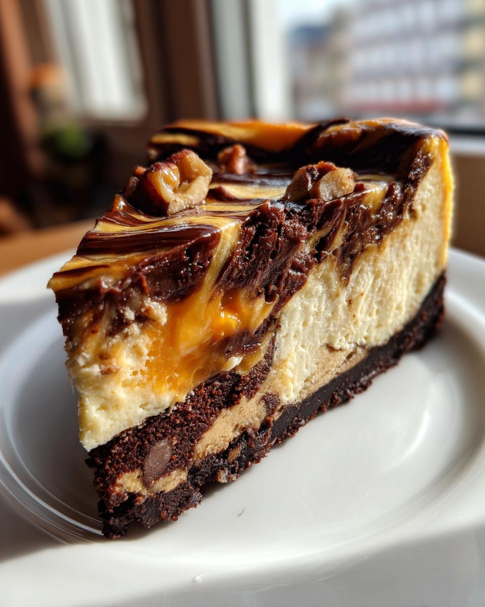 A decadent slice of turtle cheesecake featuring a brownie base, creamy filling, caramel, chocolate swirl, and pecans.