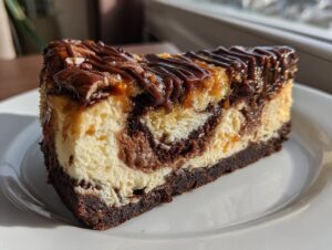 A decadent slice of turtle cheesecake featuring a marbled chocolate swirl, thick brownie crust, and topped with caramel, pecans, and chocolate drizzle.