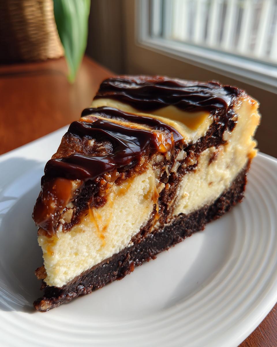 A decadent slice of turtle cheesecake featuring a dark crust, creamy filling, pecans, and drizzled with caramel and chocolate sauce.