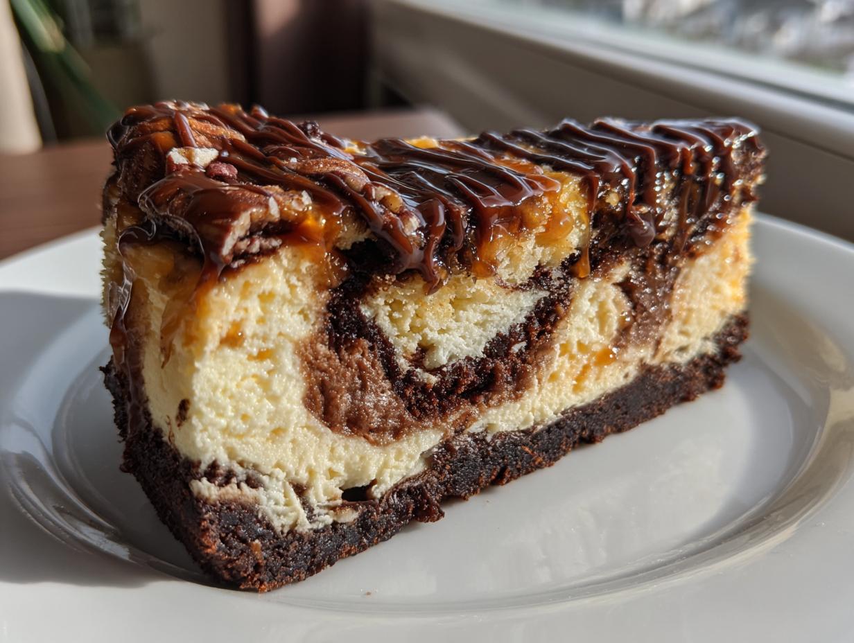 A decadent slice of turtle cheesecake featuring a marbled chocolate swirl, thick brownie crust, and topped with caramel, pecans, and chocolate drizzle.
