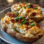 Close-up of a perfectly stuffed twice baked potato loaded with cheesy filling, bacon bits, and green onions.